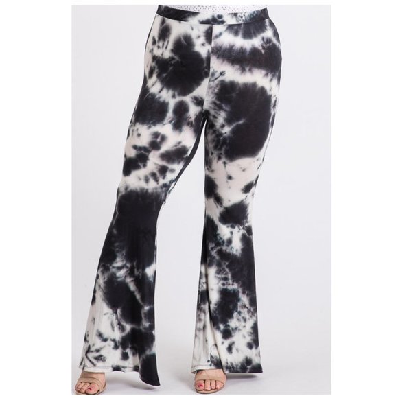 Plus Black Tie Dye Bell Bottom Flare Leg Pants - Picture 2 of 6